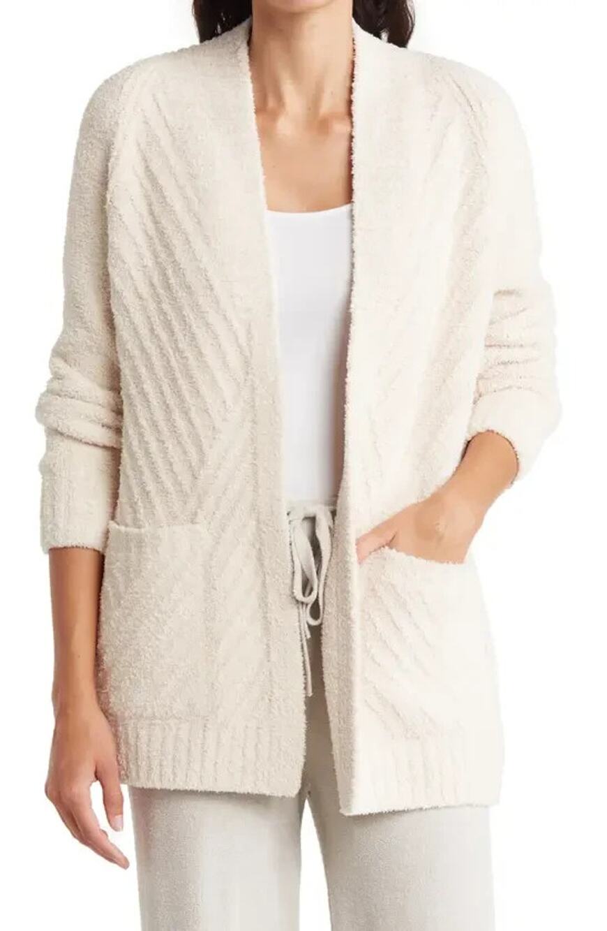 Barefoot Dreams Cozy Chic Cardigan Womens L Cream Open Front Ribbed Plush Knit